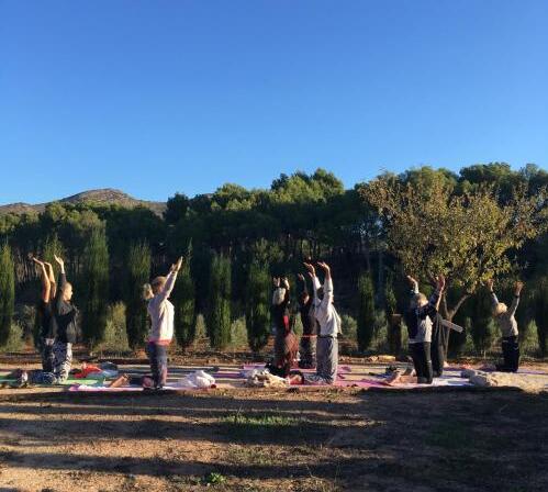 Yoga group in the orchard at Cuatre Finques